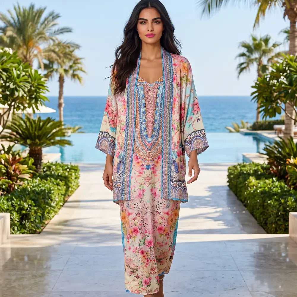 short Embellished Silky Kimono