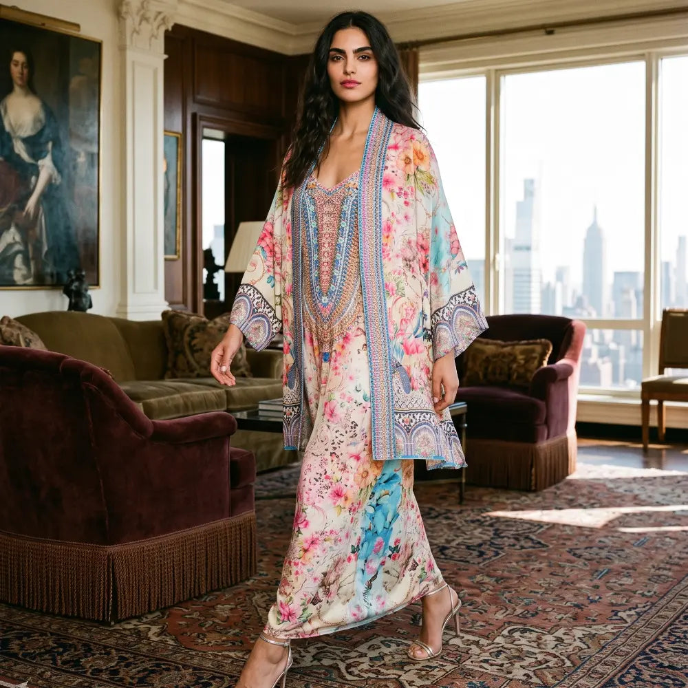 short Embellished Silky Kimono