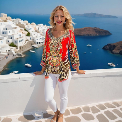 Garden Delight red Silk Gypsy Top