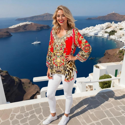 Garden Delight red Silk Gypsy Top