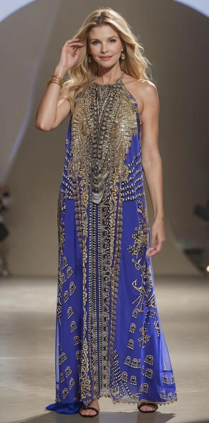 Long Necklace Maxi Dress Glitz Glam Sapphire by Kaftans that Bling 