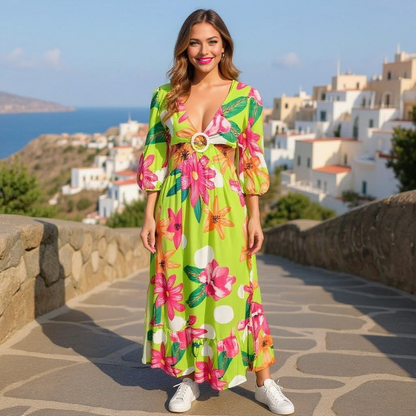 Woman wearing bright and bold cut out maxi dress with floral print and frilled hemline outdoors by a coastal village pathway