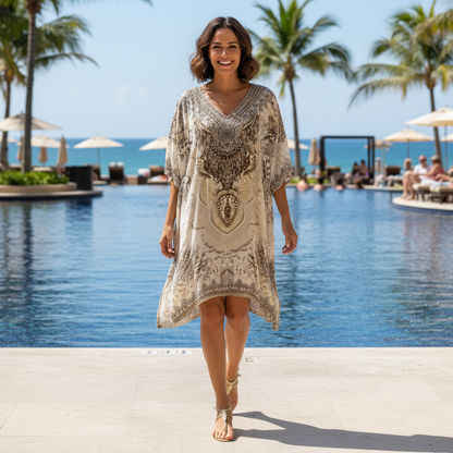 Short sleeve silk embellished Kaftan/dress