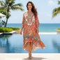Introducing the Silk Embellished Hi-Low Frill Dress Tropical at kaftans that Bling