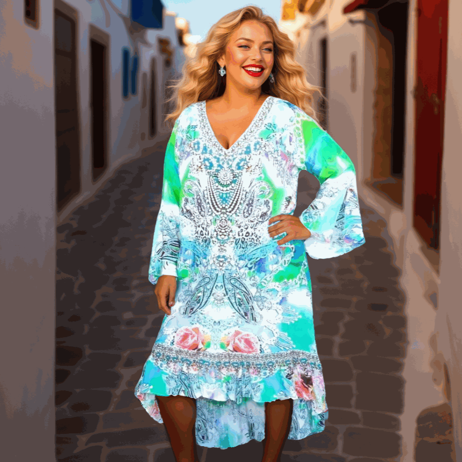 Woman wearing a multi-colored Silk Hi-Low Frill Dress with beadwork and long sleeves in a narrow street setting