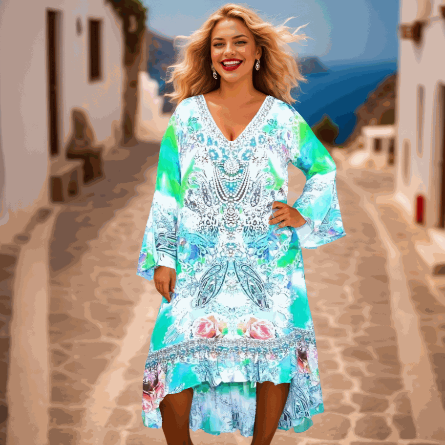 Woman wearing a multi-colored Silk Hi-Low Frill Dress with beadwork and a V-neck on a street background