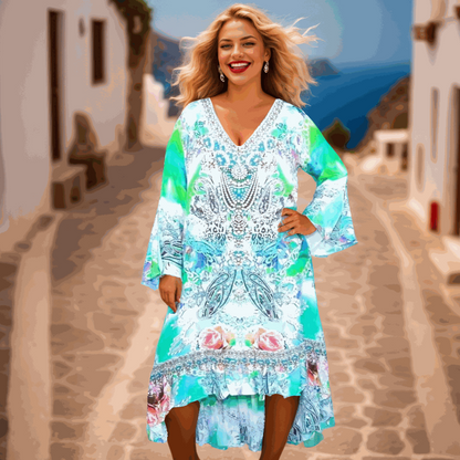 Woman wearing a multi-colored Silk Hi-Low Frill Dress with beadwork and a V-neck on a street background