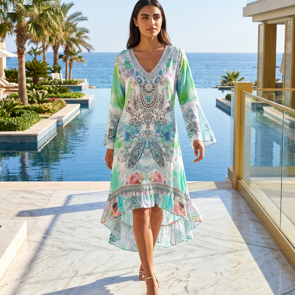 Silk Hi-Low Frill Dress Tegan at Kaftans that Bling