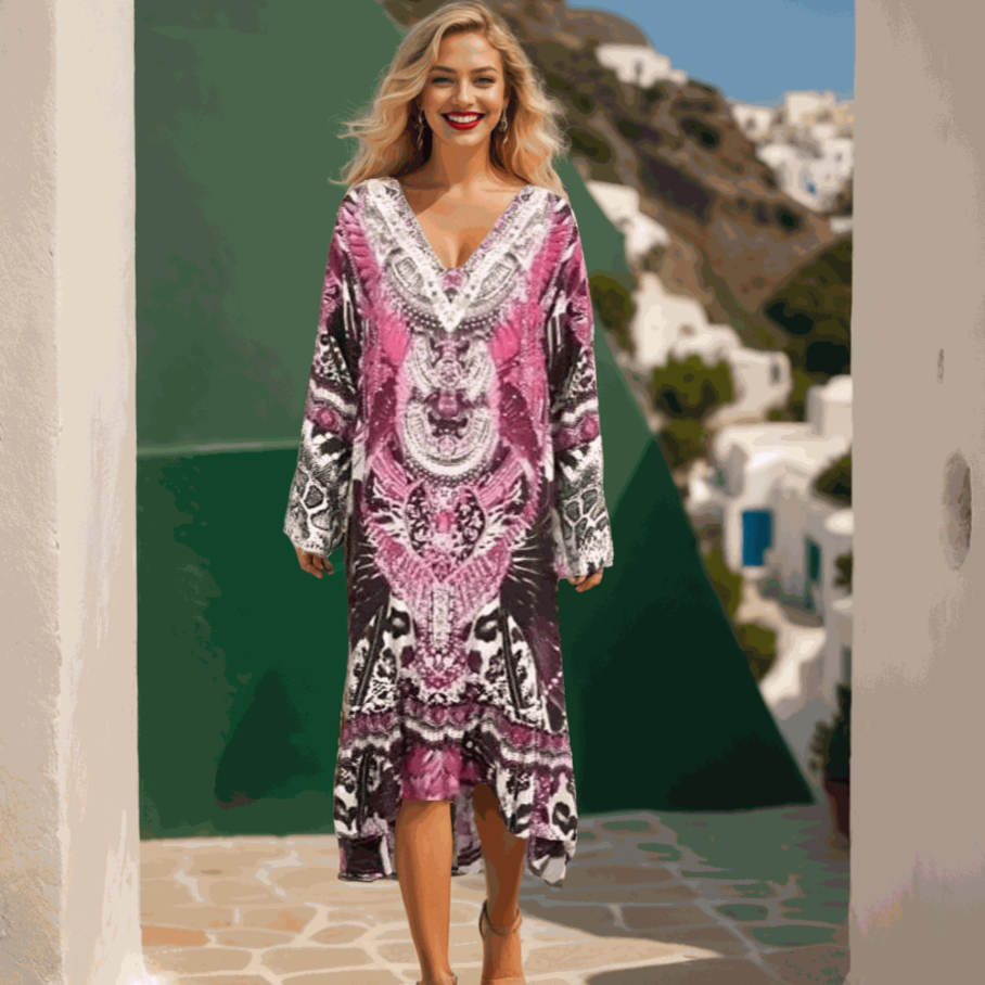 Silk Hi-Low Frill Dress - Amur-Pink-kaftans that bling