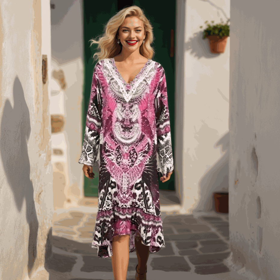 Silk Hi-Low Frill Dress - Amur-Pink-kaftans that bling