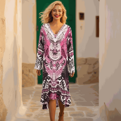 Silk Hi-Low Frill Dress - Amur-Pink-kaftans that bling
