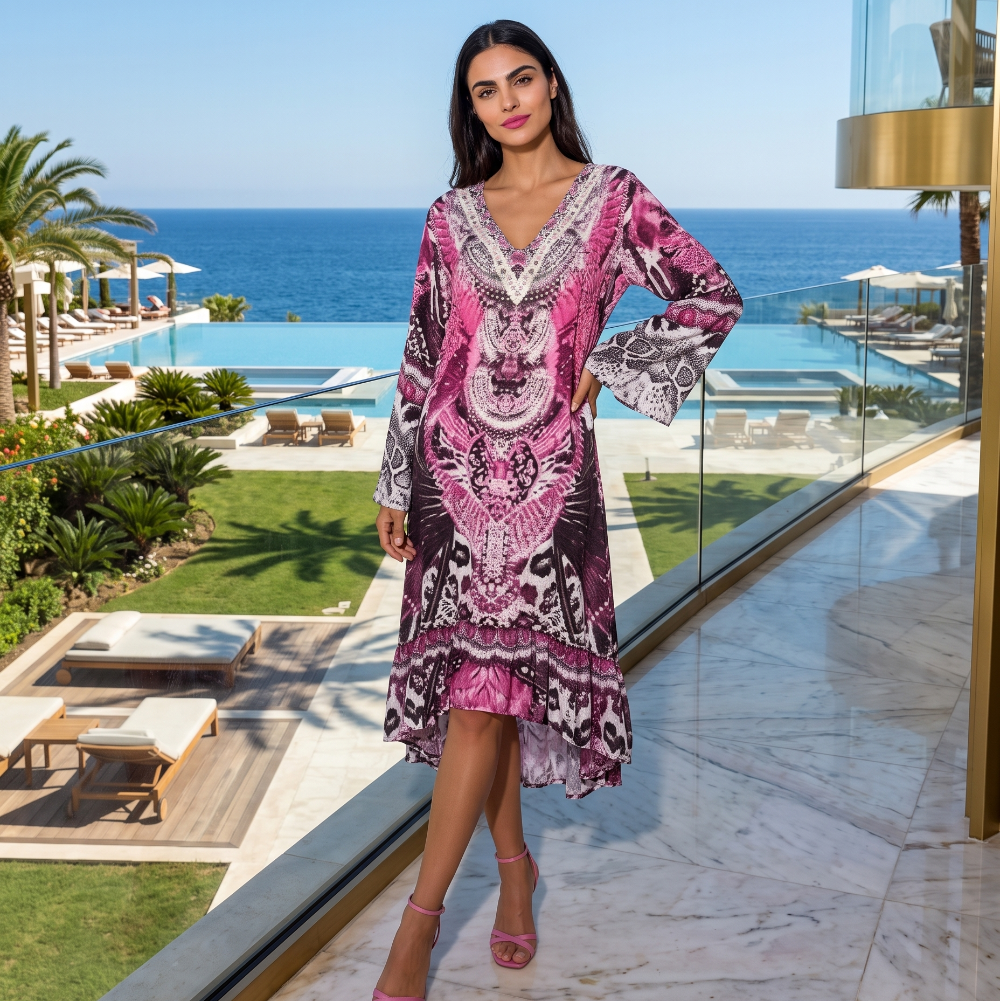 Silk Hi-Low Frill Dress Amur Pink at Kaftans that Bling 
