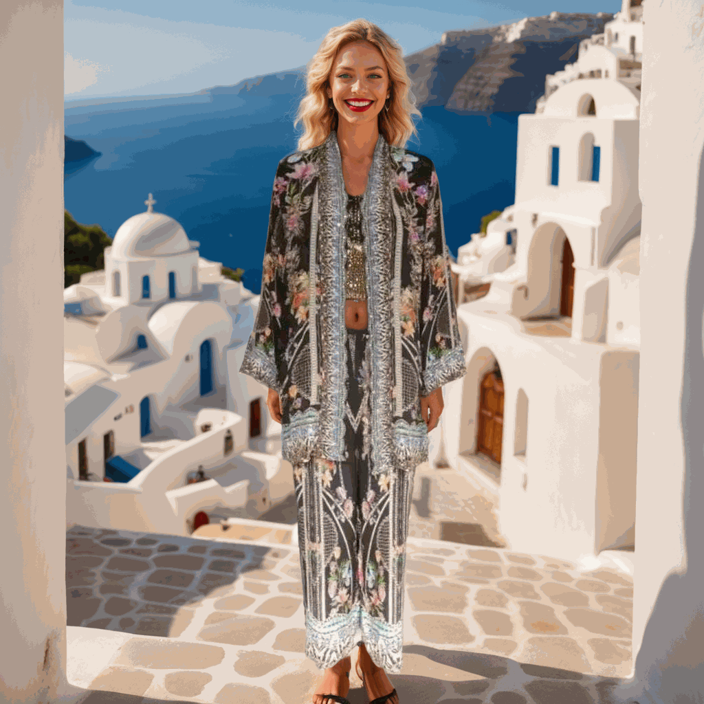 Silk Embellished Kimono Jacket- Capri