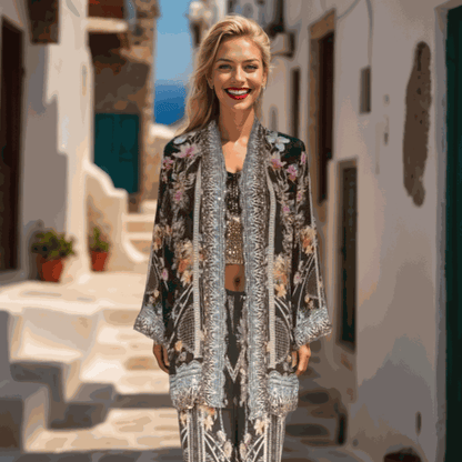 Silk Embellished Kimono Jacket- Capri