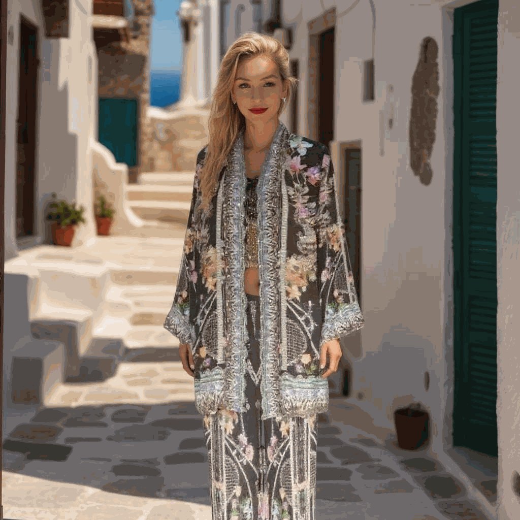 Silk Embellished Kimono Jacket- Capri