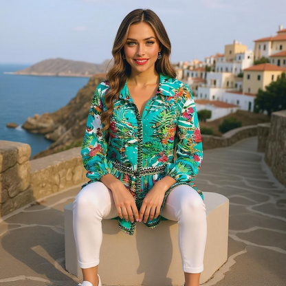 Shirt Silk Embellished short Frill Dress Tropical Aqua