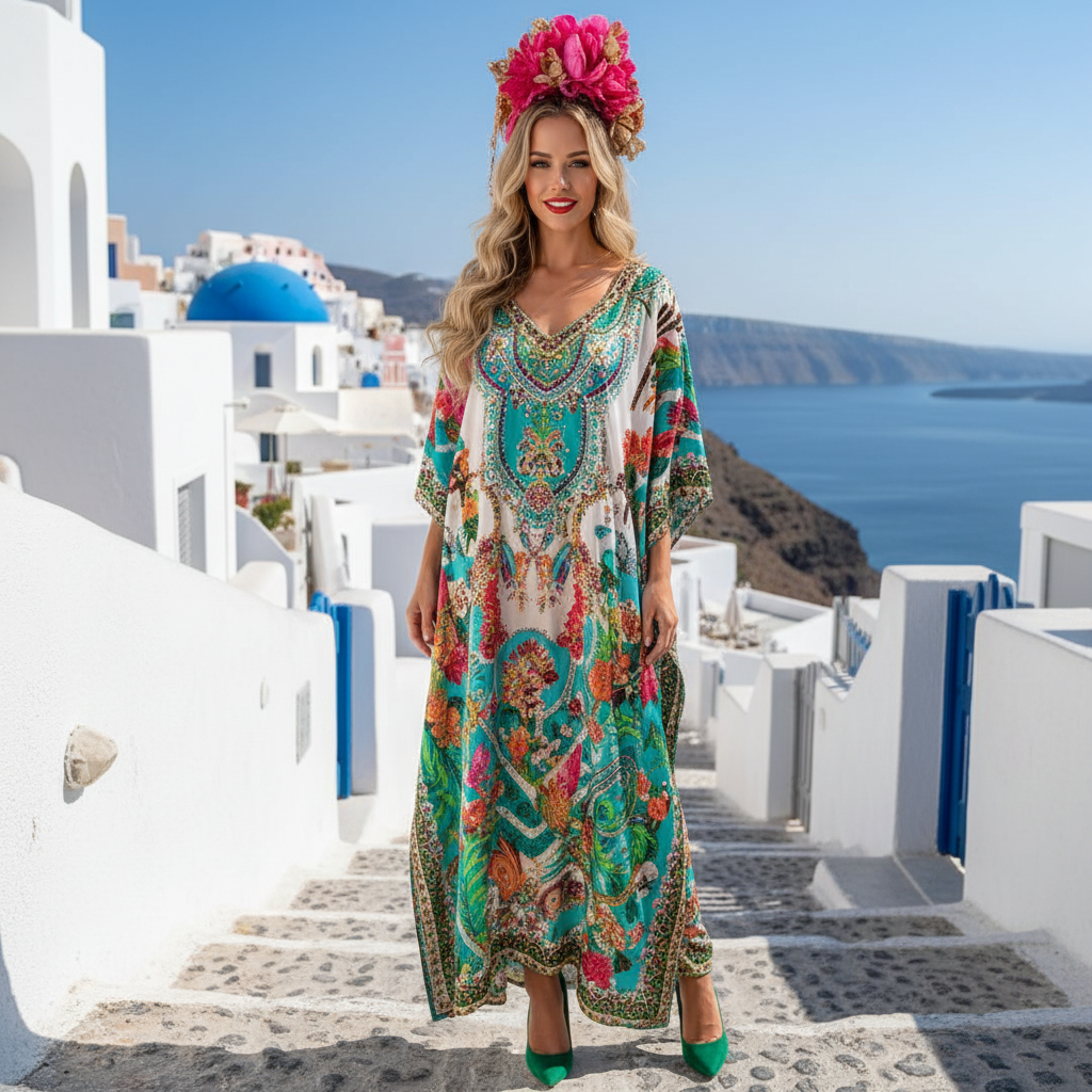 Long Embellished Kaftan Tropical Aqua