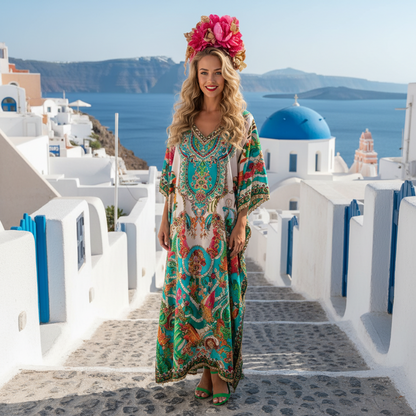 Long Embellished Kaftan Tropical Aqua