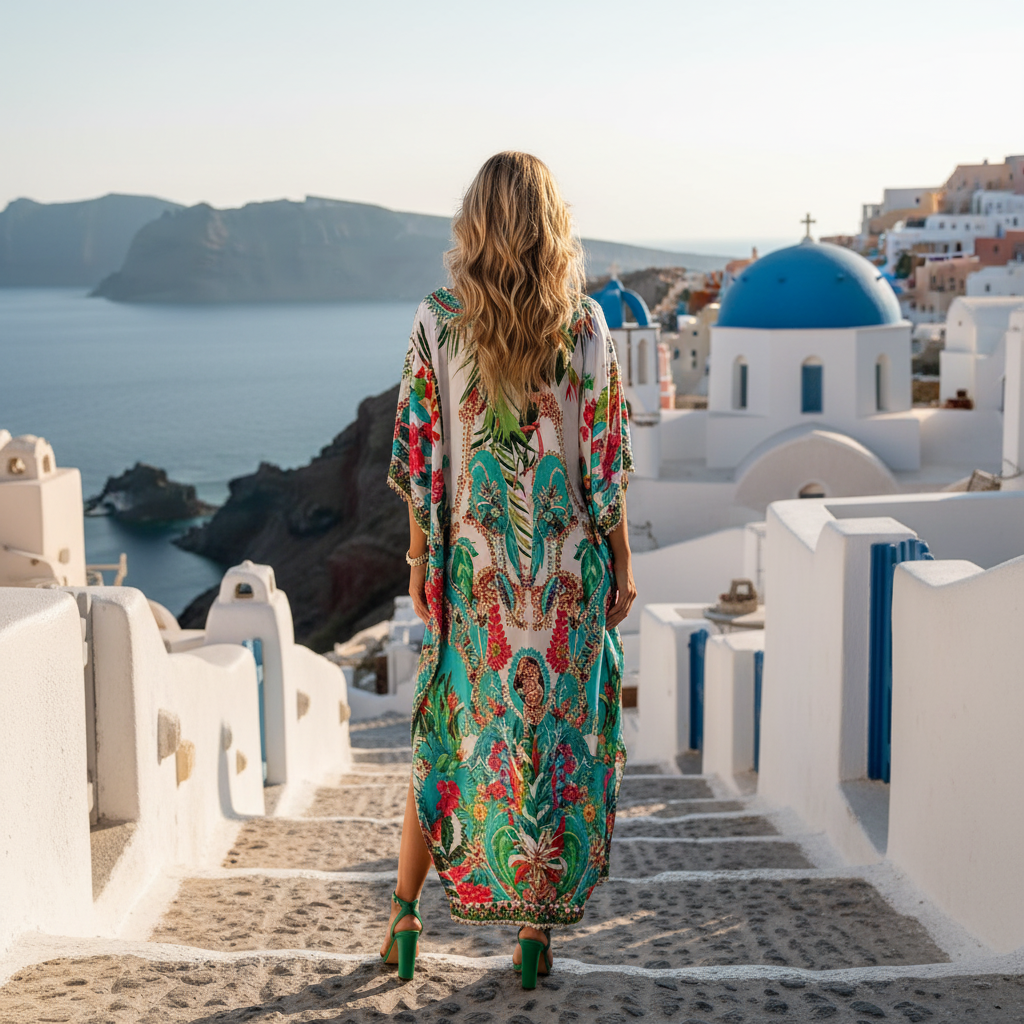 Long Embellished Kaftan Tropical Aqua