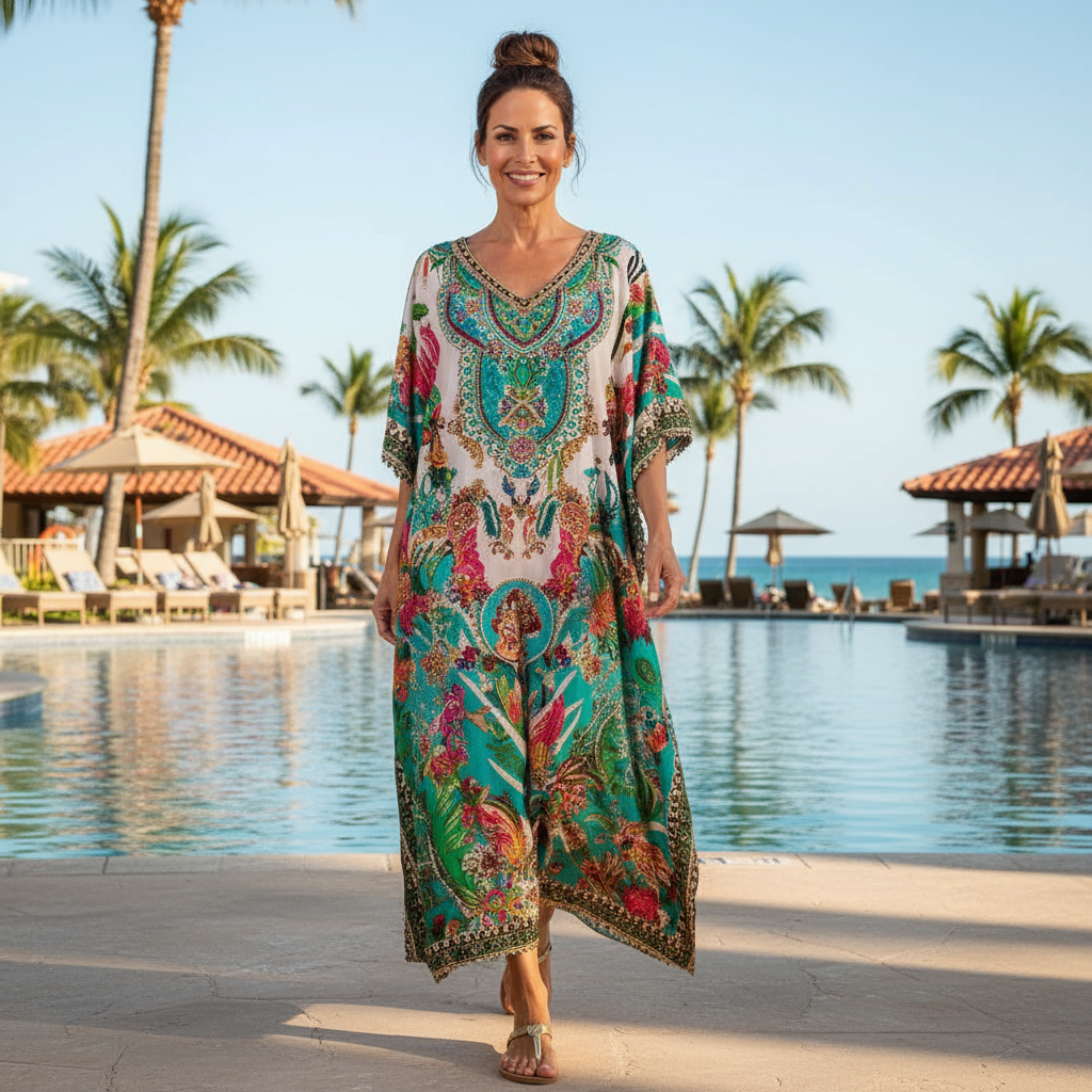 Long Embellished Kaftan Tropical Aqua