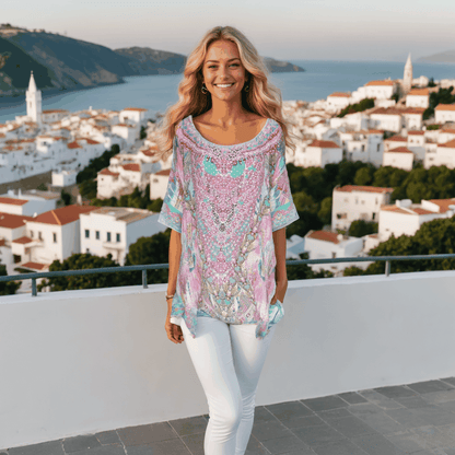 Zahara Silk Batwing Kaftan Top - Hand-Embellished Luxury