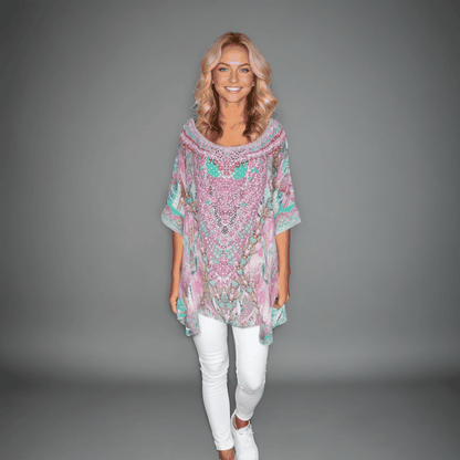 Zahara Silk Batwing Kaftan Top - Hand-Embellished Luxury