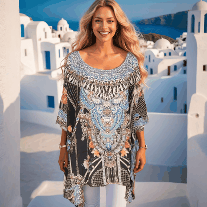 Silk Embellished Hi-Low Kaftan - Fashion Spectrum Capri - Fits Sizes 8-22 - Multi-Color