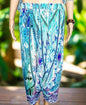 Australian designed silk harem pants in blue-green with hand-sewn beaded embellishments and elastic waist