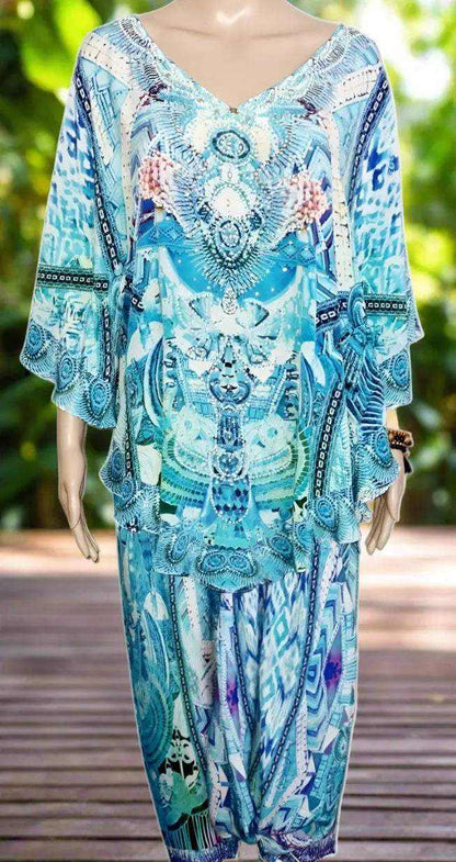 Australian designed Silk Harem Pants in soft blue-green hues with hand-sewn white and silver beadwork on ankles, elastic waist, dropped crutch, and luxurious silk fabric