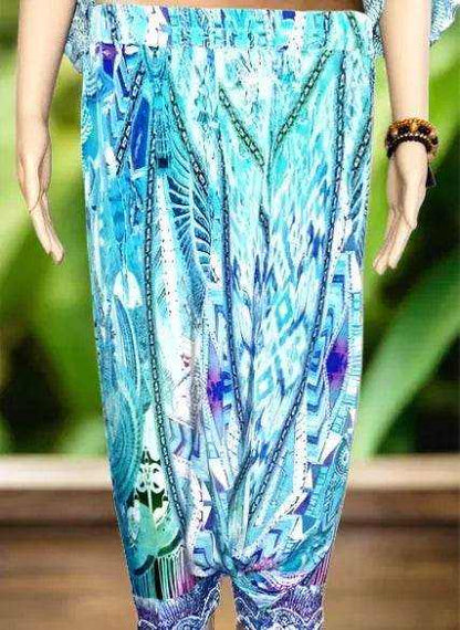 Australian designed silk harem pants in soft blue-green hues with hand-sewn white and silver beadwork and elastic waist