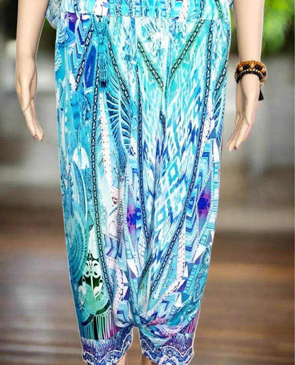Australian designed silk harem pants in blue and green with hand-sewn white and silver beadwork on ankles