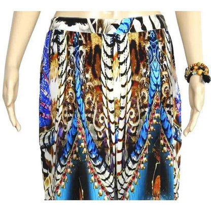 Blue and animal print Blanco Aqua Silk Palazzo Pants with handsewn gold and silver beadwork, wide leg and side pockets.