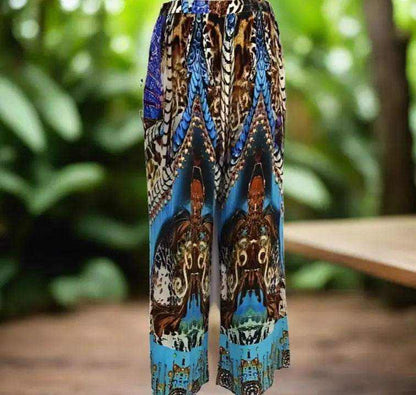 Blanco Aqua Silk Palazzo Pants with blue animal print and handsewn beadwork, wide leg silk trousers with elasticated waist and side pockets