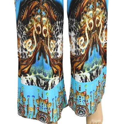 Blanco Aqua Silk Palazzo Pants with blue and animal print, wide leg, handsewn beadwork, and elasticated back pockets