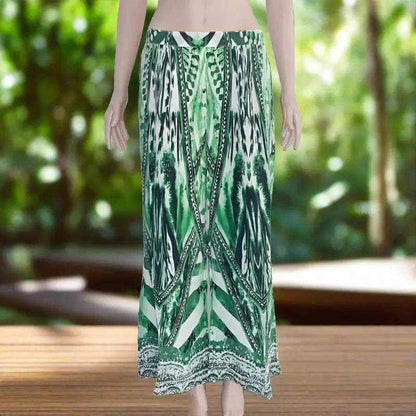 Saffron Green Silk Palazzo Pants with emerald black white pattern and hand-sewn silver beadwork