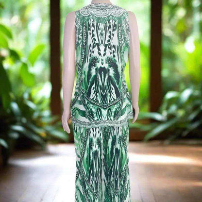 Saffron Green Silk Palazzo Pants with beadwork and emerald print