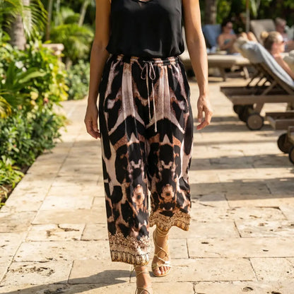 Silk Embellished Palazzo Pants - Snow Leopard