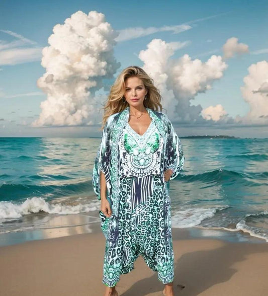 Pants Silk harem pants - Garbo-Green by Fashion Spectrum fashion spectrum  Kaftans that Bling