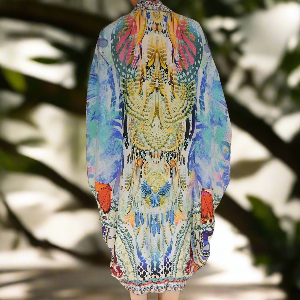 Paradise blue long silk Embellished cape - Kaftans that Bling Shirts & Tops