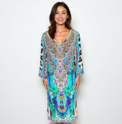 Silk Embellished Sleeve Dress Peacock