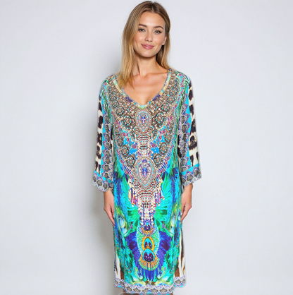 Silk Embellished Sleeve Dress Peacock