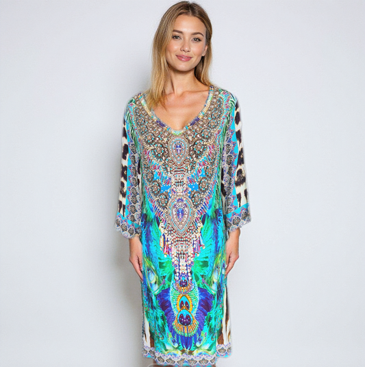 Silk Embellished Sleeve Dress Peacock