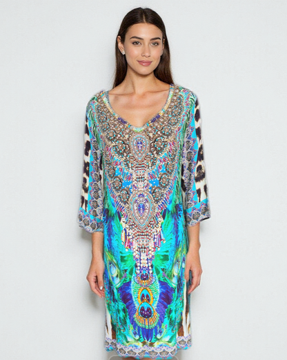 Silk Embellished Sleeve Dress Peacock