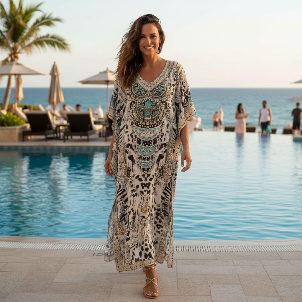 Long Silk Embellished Kaftan- Safari Blue at kaftans that bling