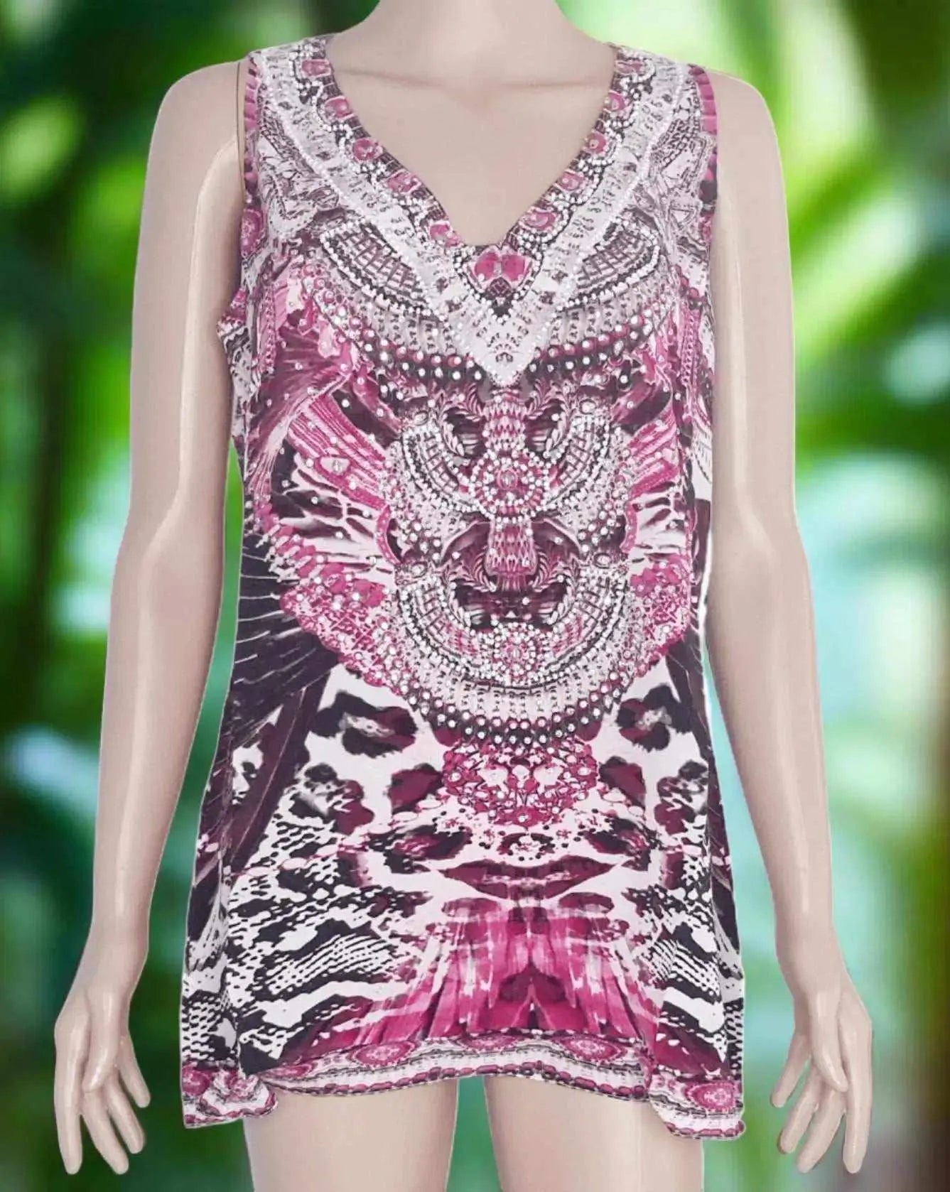 Amur hot pink silk cami top with black animal print and handsewn white and silver beadwork on front and neckline