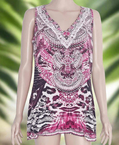 Amur hot pink silk cami top with black animal print and white silver beadwork