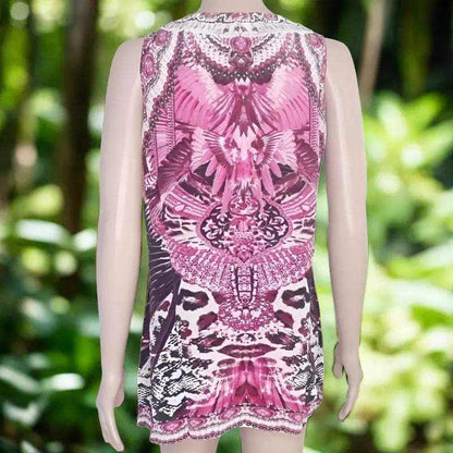 Back view of Amur hot pink silk cami top with black animal print and intricate beadwork on a mannequin