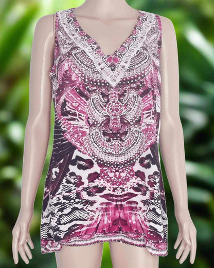 Amur hot pink silk cami top with black animal print and white silver beadwork on mannequin