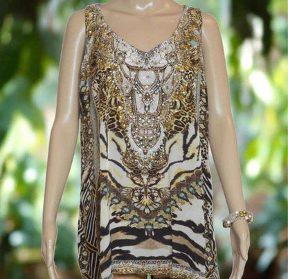 Cheetah silk embellished tank top with gold and silver beadwork and animal print design