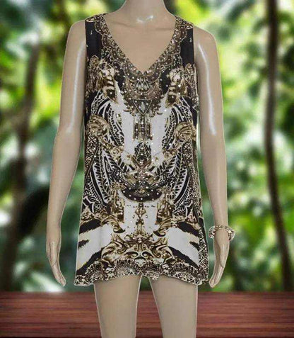 Cougar silk embellished tank top with animal print and gold beadwork, sleeveless V-neck design by Fashion Spectrum